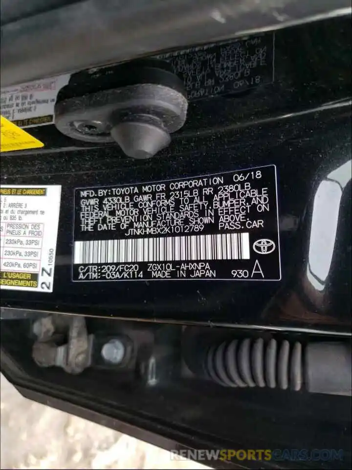 10 Photograph of a damaged car JTNKHMBX2K1012789 TOYOTA C-HR 2019