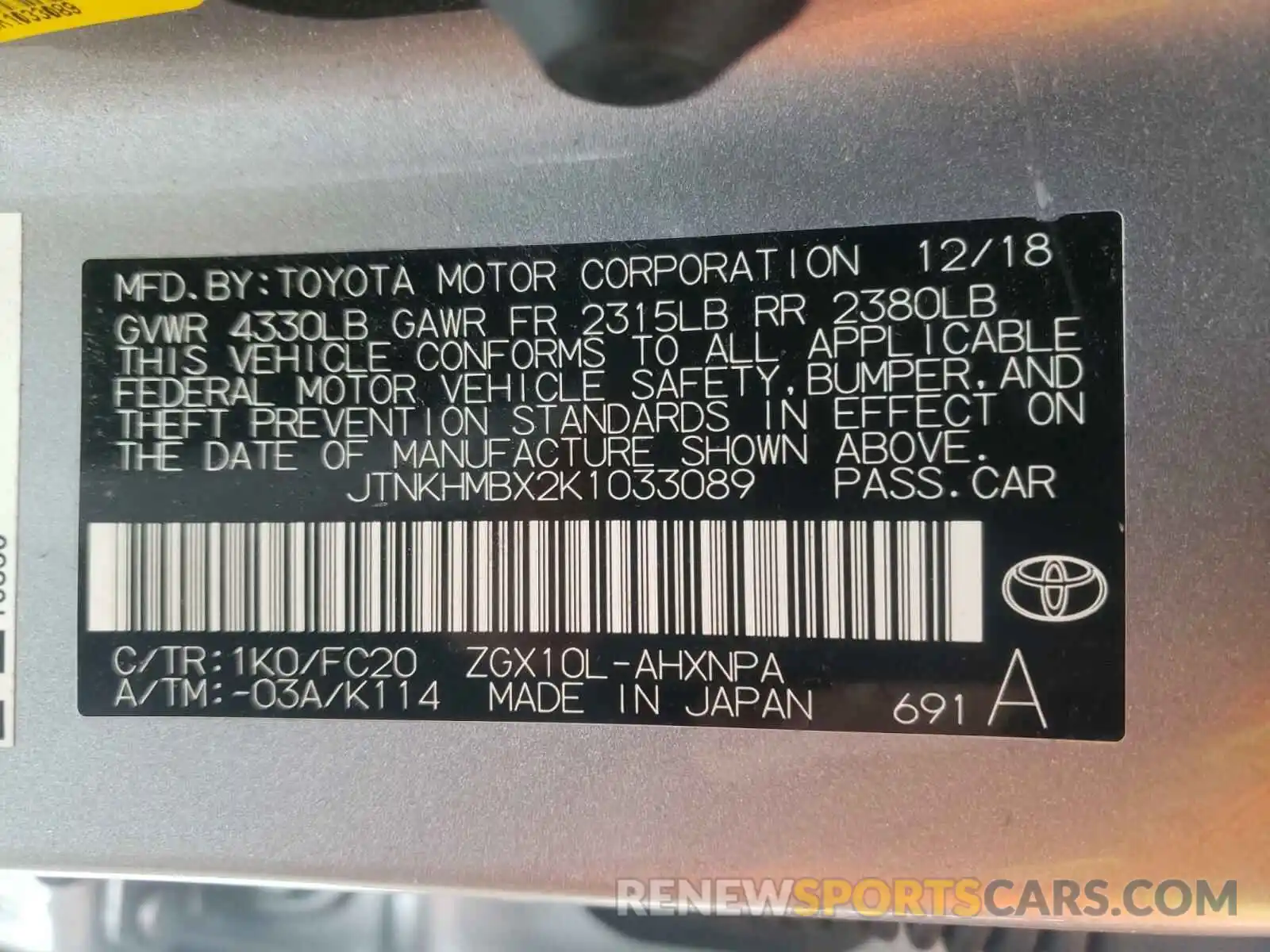 10 Photograph of a damaged car JTNKHMBX2K1033089 TOYOTA C-HR 2019