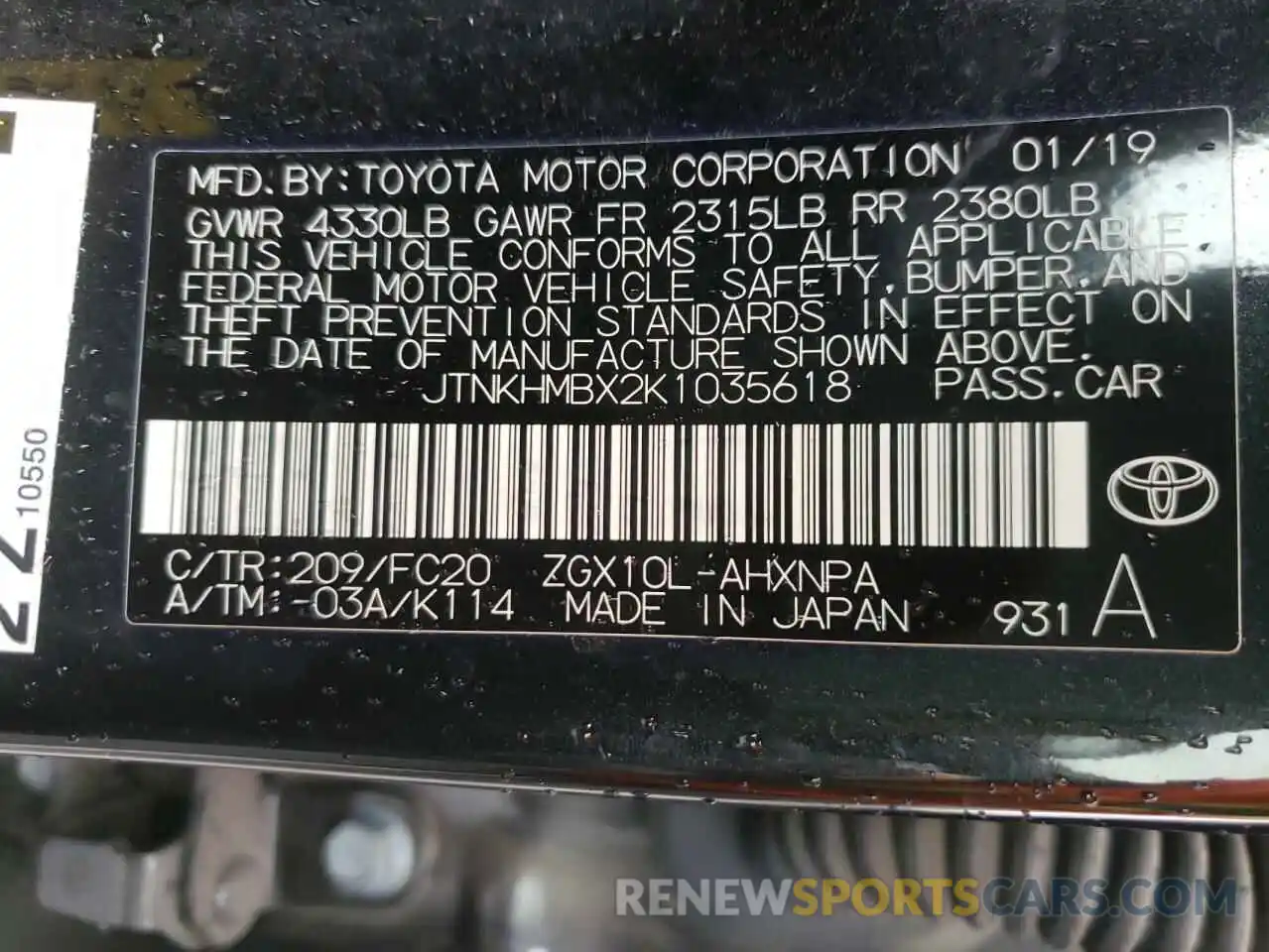 10 Photograph of a damaged car JTNKHMBX2K1035618 TOYOTA C-HR 2019