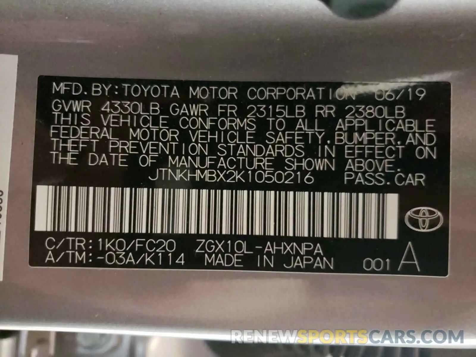 10 Photograph of a damaged car JTNKHMBX2K1050216 TOYOTA C-HR 2019