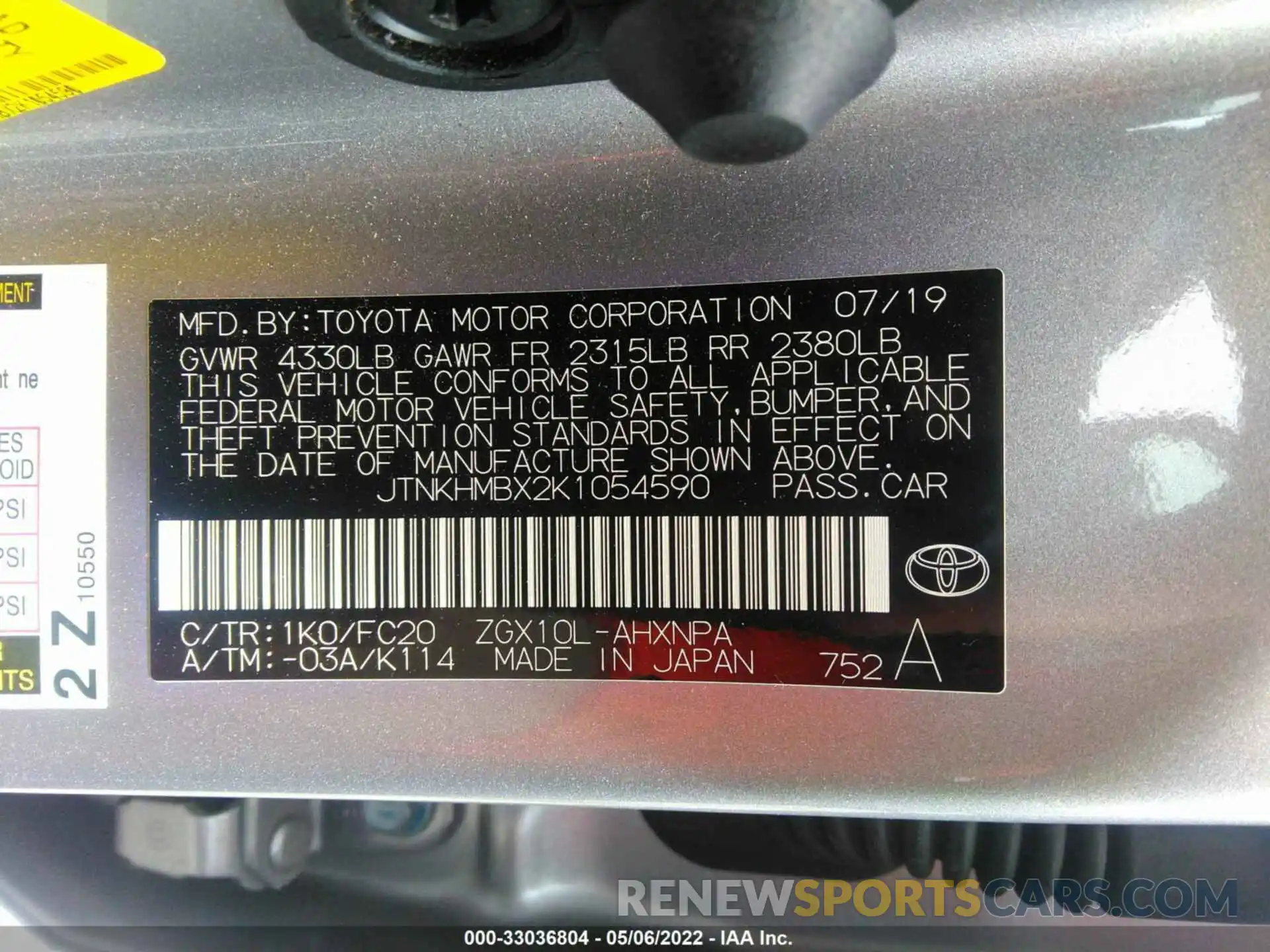 9 Photograph of a damaged car JTNKHMBX2K1054590 TOYOTA C-HR 2019