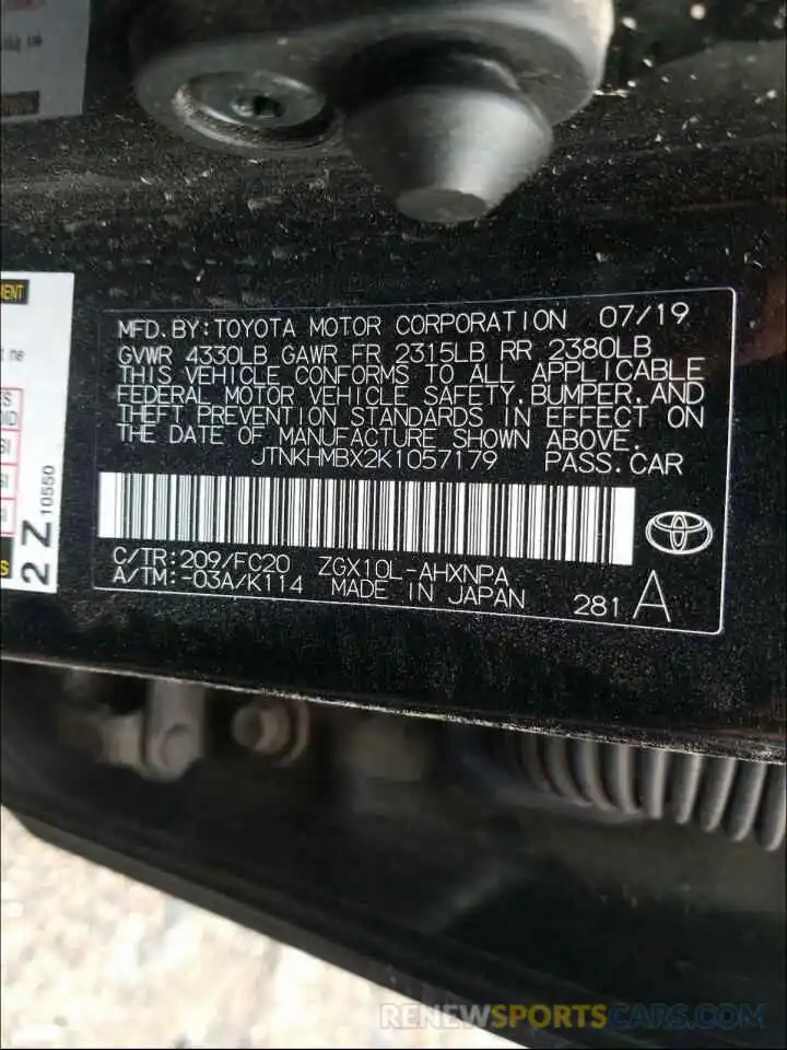 10 Photograph of a damaged car JTNKHMBX2K1057179 TOYOTA C-HR 2019