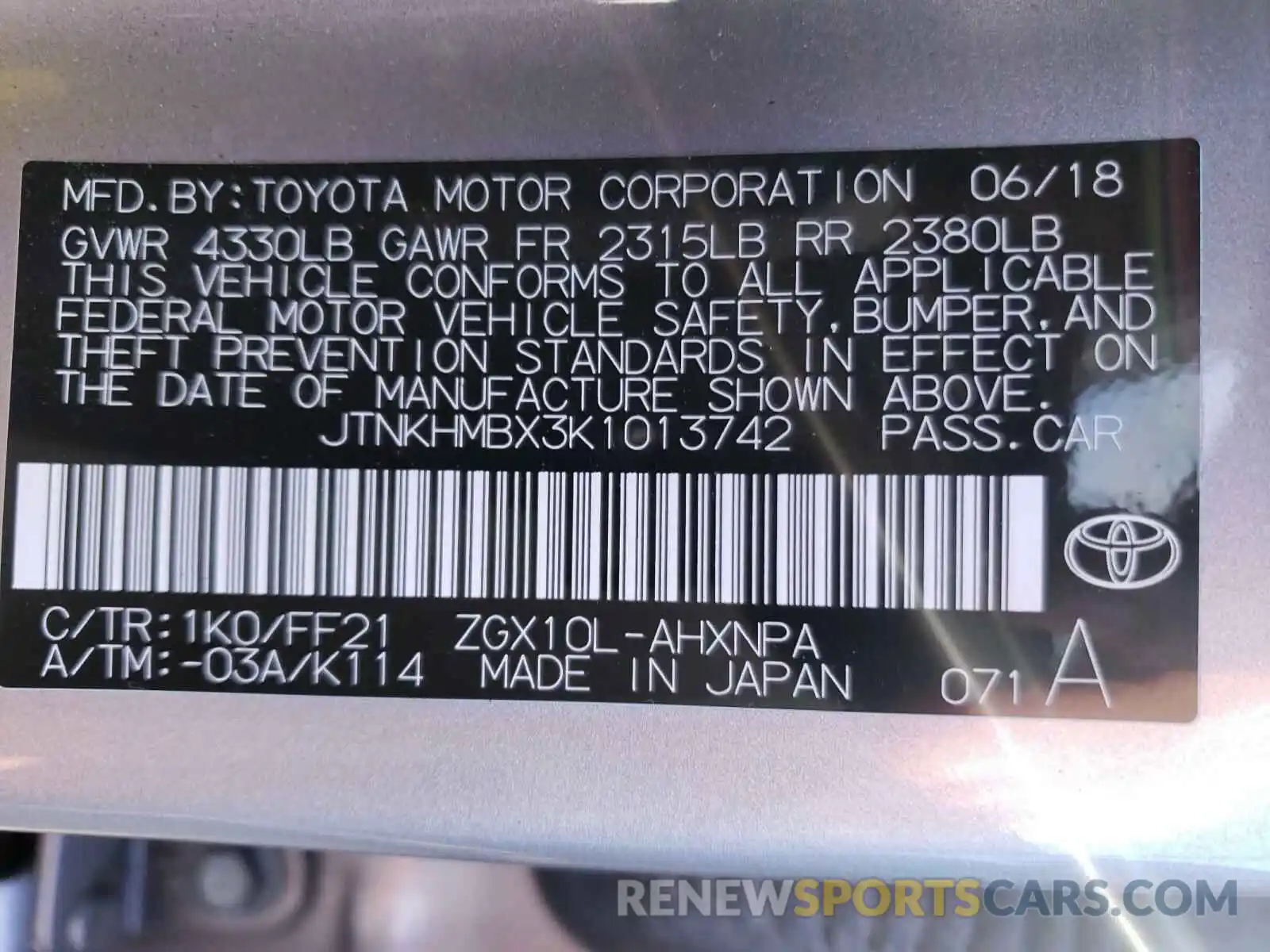 10 Photograph of a damaged car JTNKHMBX3K1013742 TOYOTA C-HR 2019