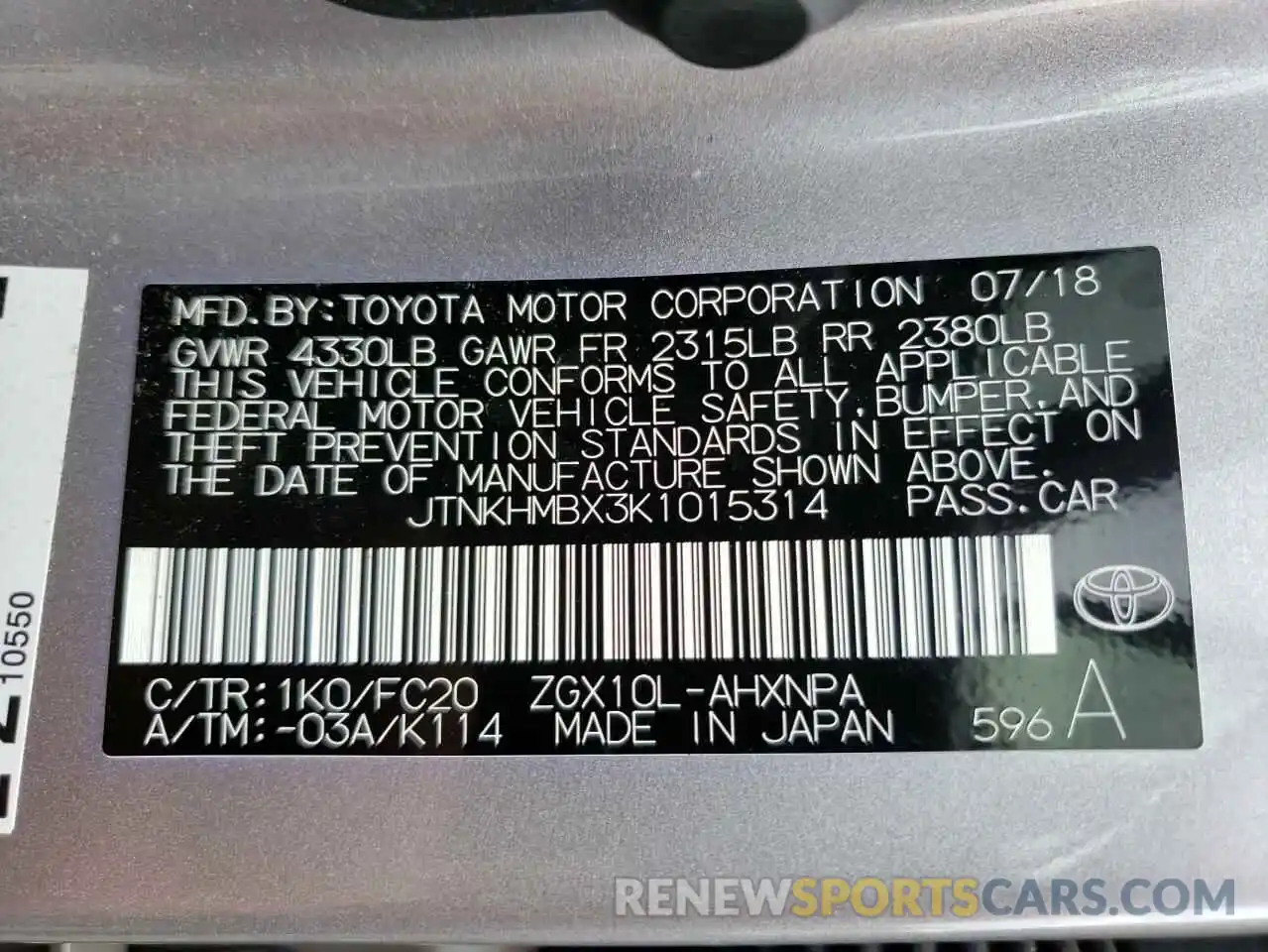 10 Photograph of a damaged car JTNKHMBX3K1015314 TOYOTA C-HR 2019