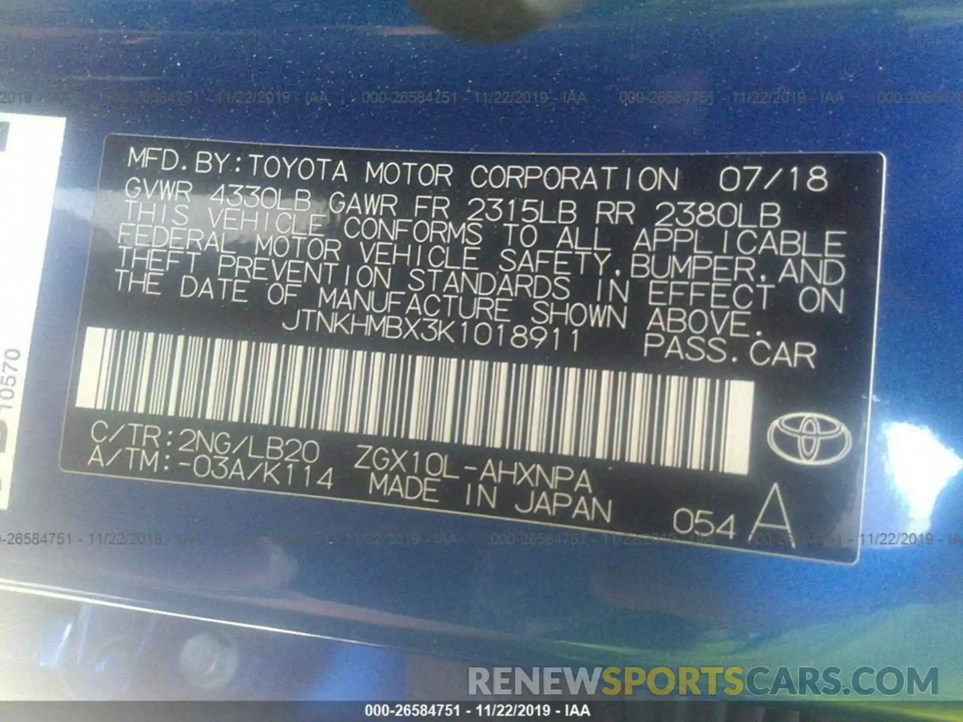 9 Photograph of a damaged car JTNKHMBX3K1018911 TOYOTA C-HR 2019