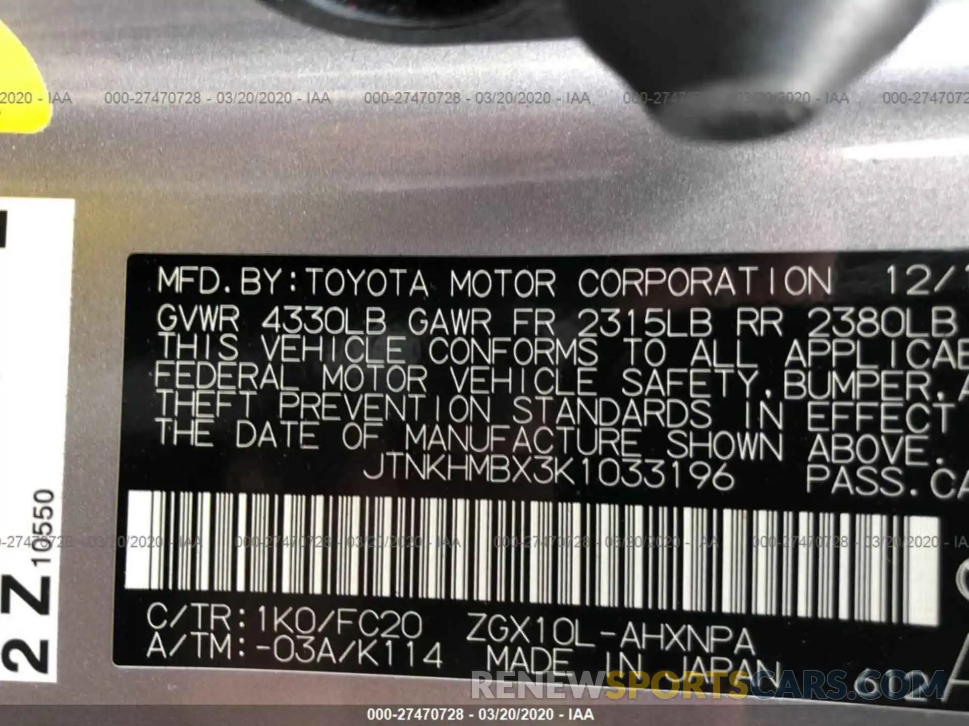 9 Photograph of a damaged car JTNKHMBX3K1033196 TOYOTA C-HR 2019