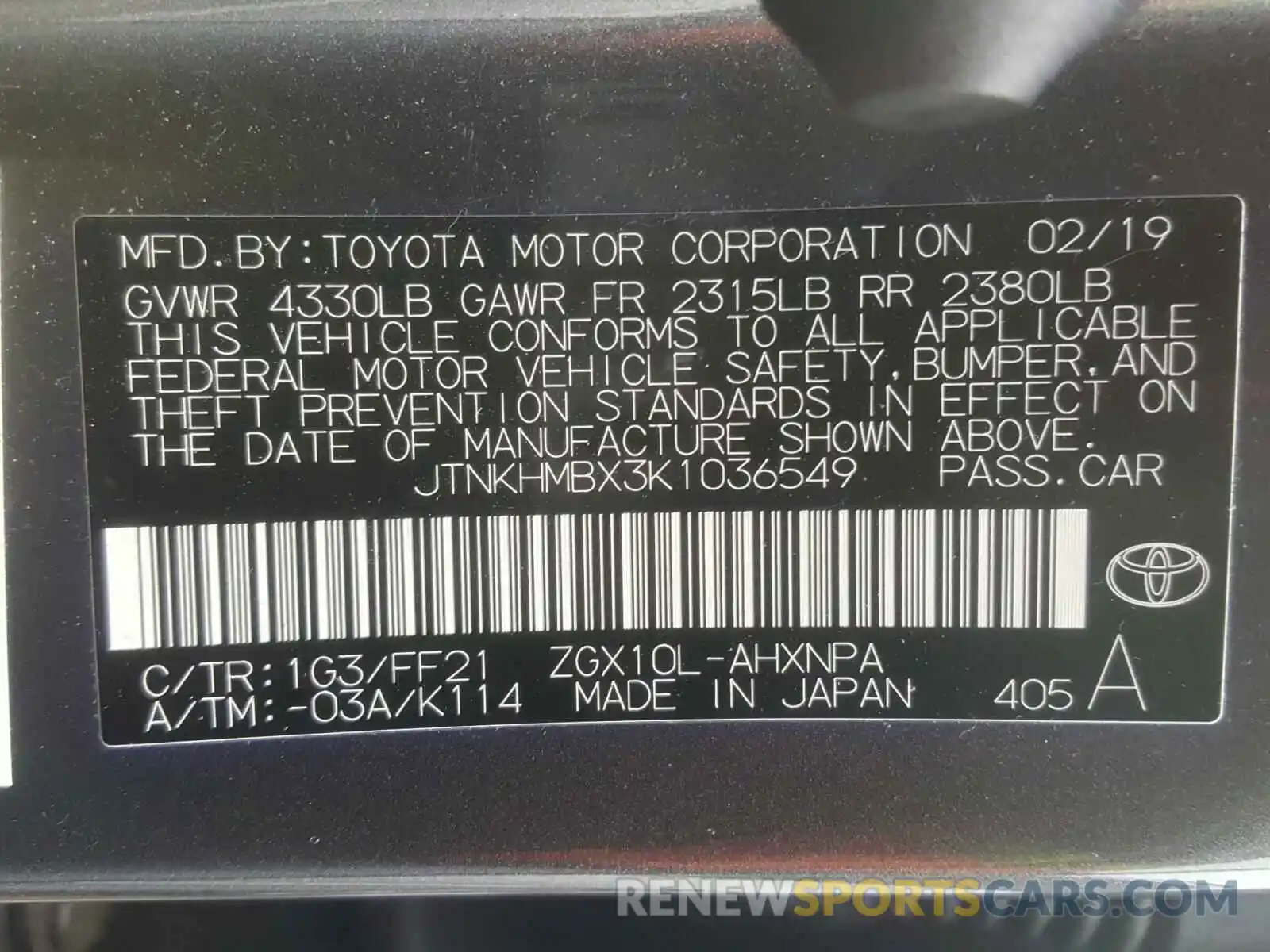 10 Photograph of a damaged car JTNKHMBX3K1036549 TOYOTA C-HR 2019