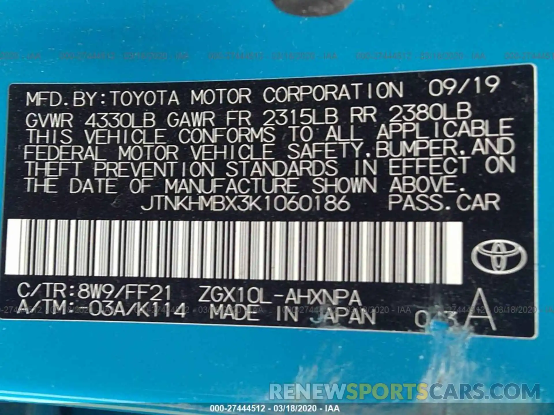 9 Photograph of a damaged car JTNKHMBX3K1060186 TOYOTA C-HR 2019