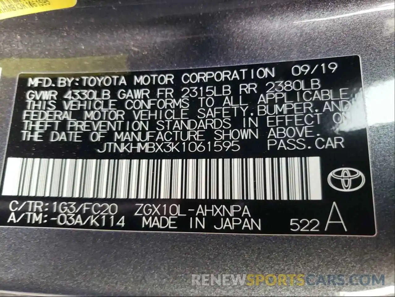 10 Photograph of a damaged car JTNKHMBX3K1061595 TOYOTA C-HR 2019