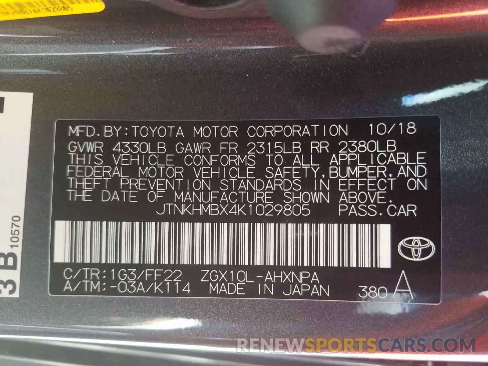 10 Photograph of a damaged car JTNKHMBX4K1029805 TOYOTA C-HR 2019