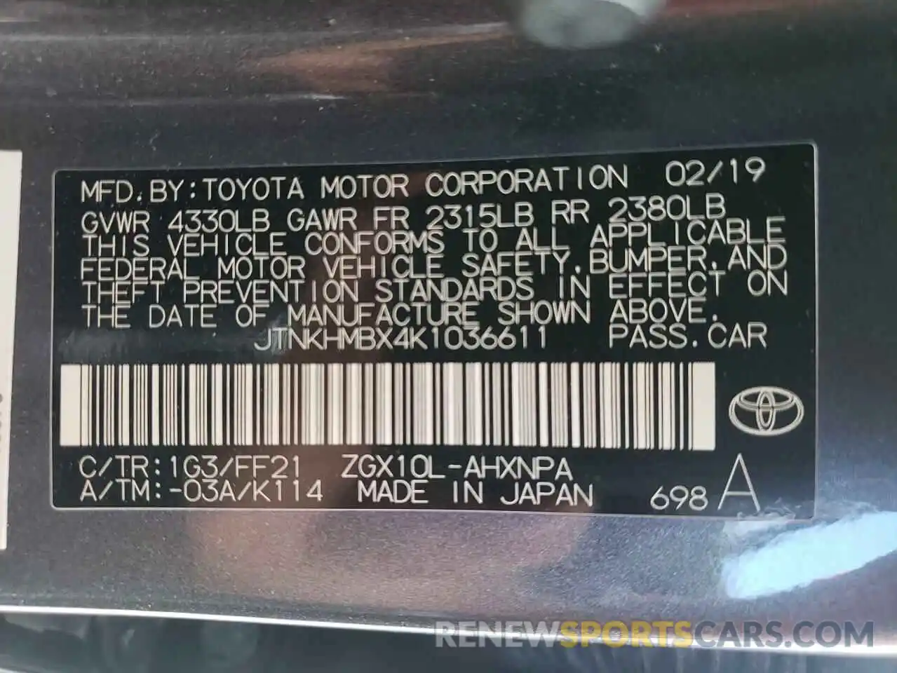 10 Photograph of a damaged car JTNKHMBX4K1036611 TOYOTA C-HR 2019