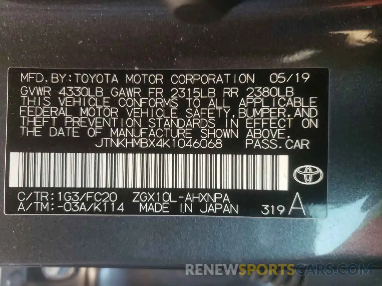 10 Photograph of a damaged car JTNKHMBX4K1046068 TOYOTA C-HR 2019