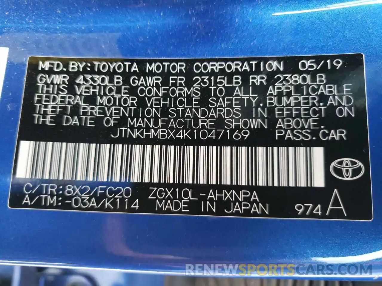 10 Photograph of a damaged car JTNKHMBX4K1047169 TOYOTA C-HR 2019