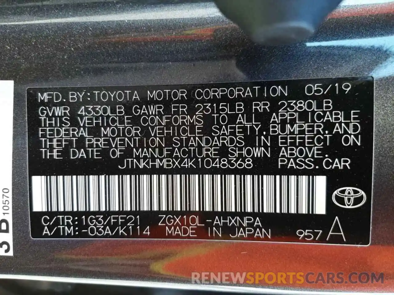 10 Photograph of a damaged car JTNKHMBX4K1048368 TOYOTA C-HR 2019