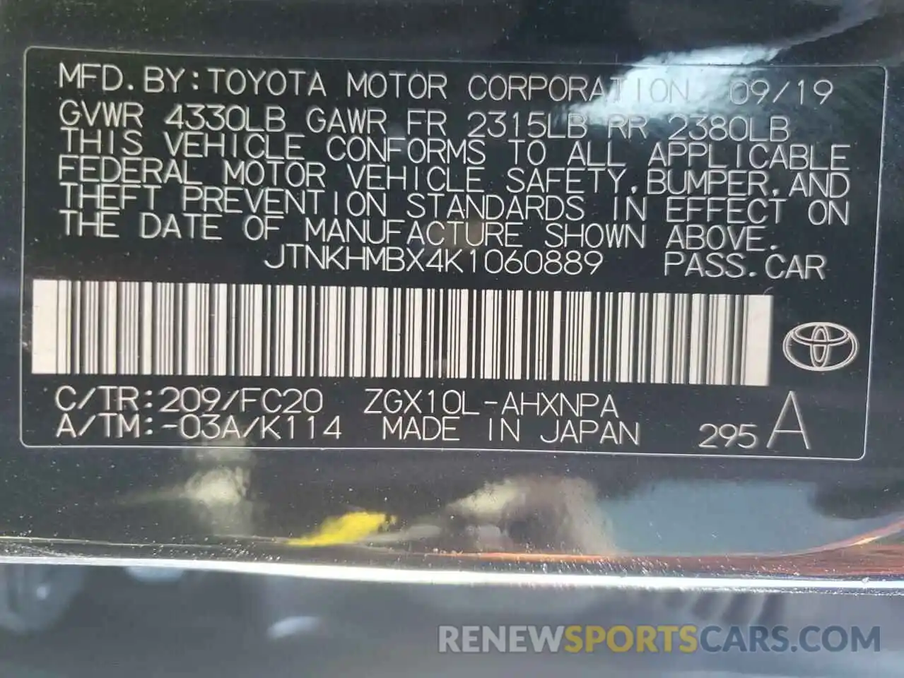 13 Photograph of a damaged car JTNKHMBX4K1060889 TOYOTA C-HR 2019