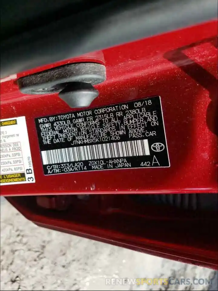 10 Photograph of a damaged car JTNKHMBX5K1021406 TOYOTA C-HR 2019