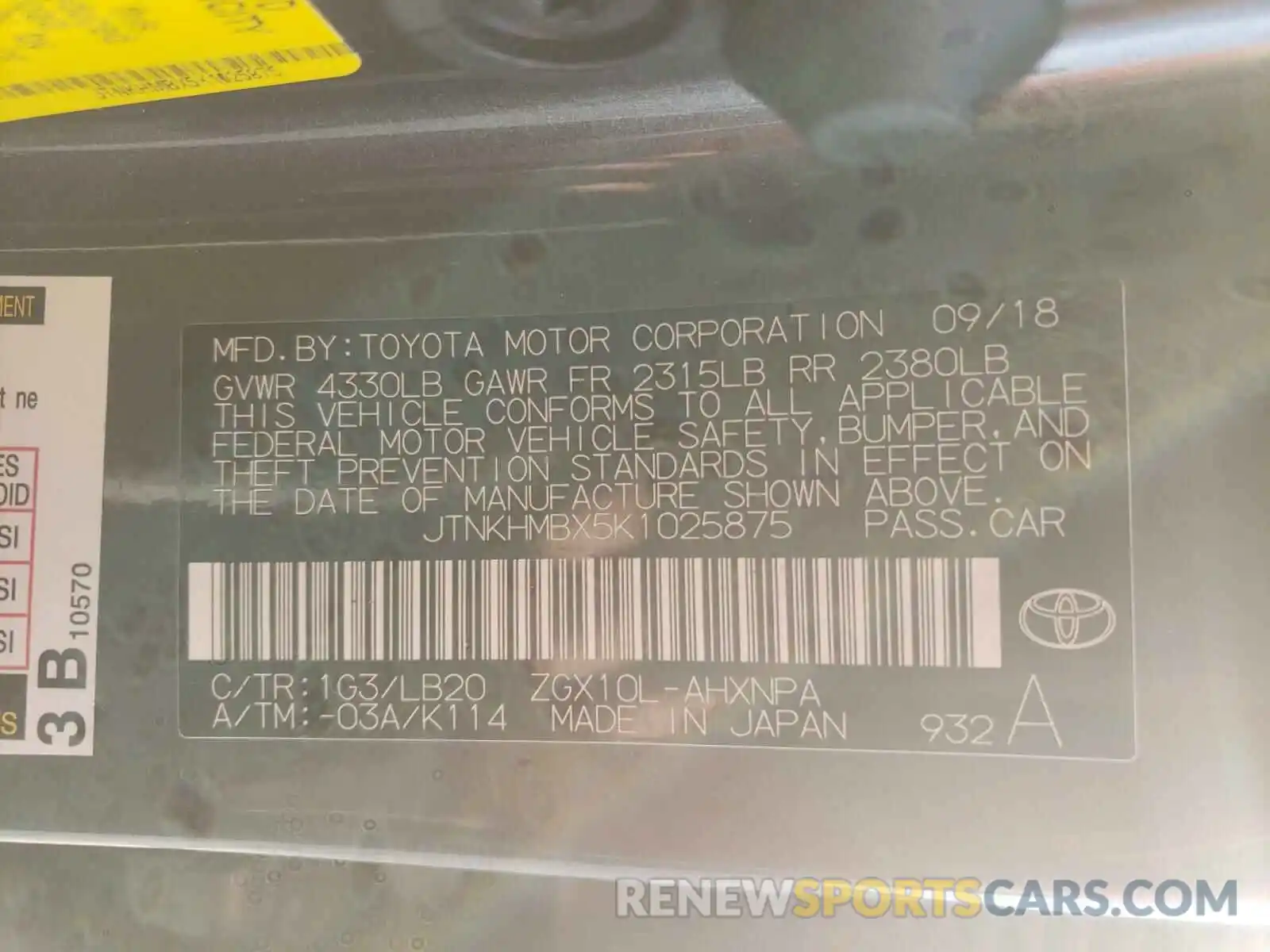 10 Photograph of a damaged car JTNKHMBX5K1025875 TOYOTA C-HR 2019