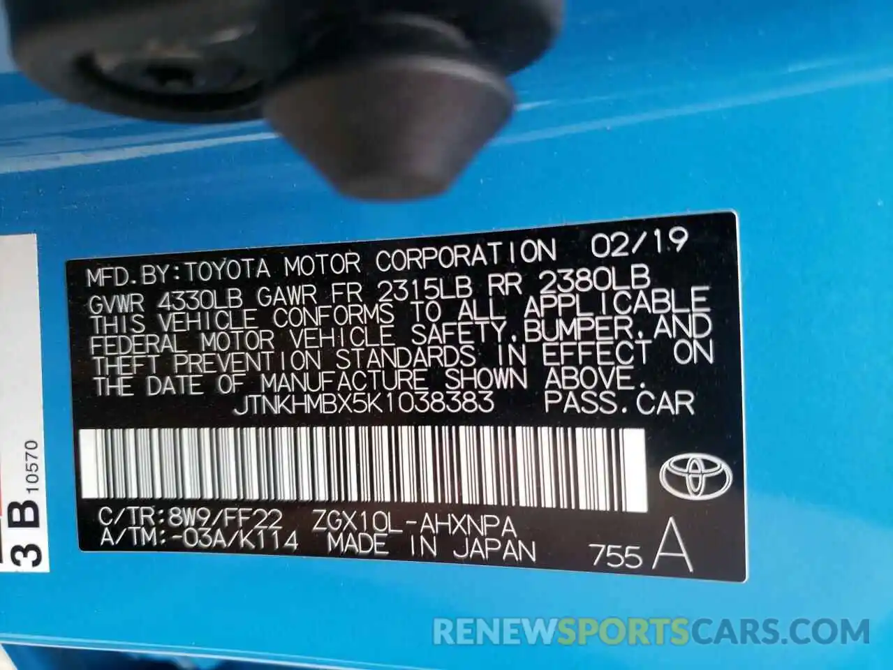 10 Photograph of a damaged car JTNKHMBX5K1038383 TOYOTA C-HR 2019