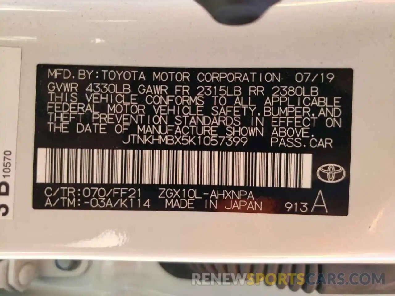 10 Photograph of a damaged car JTNKHMBX5K1057399 TOYOTA C-HR 2019