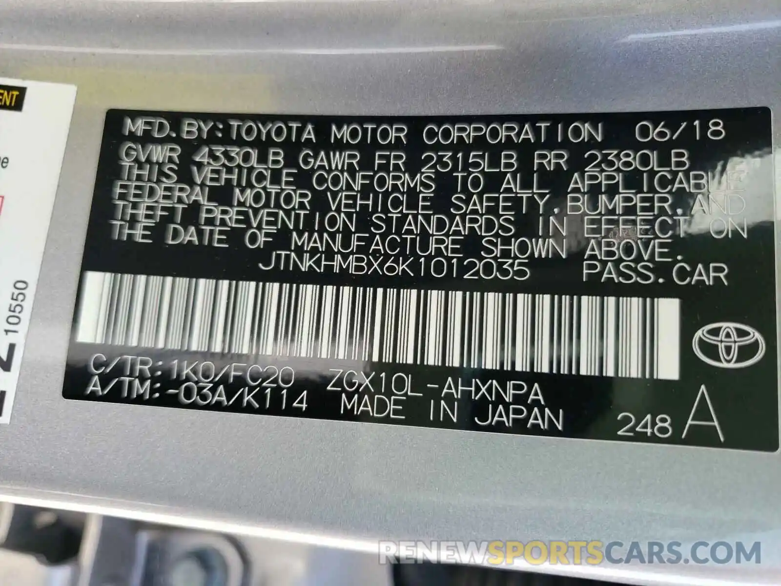 10 Photograph of a damaged car JTNKHMBX6K1012035 TOYOTA C-HR 2019