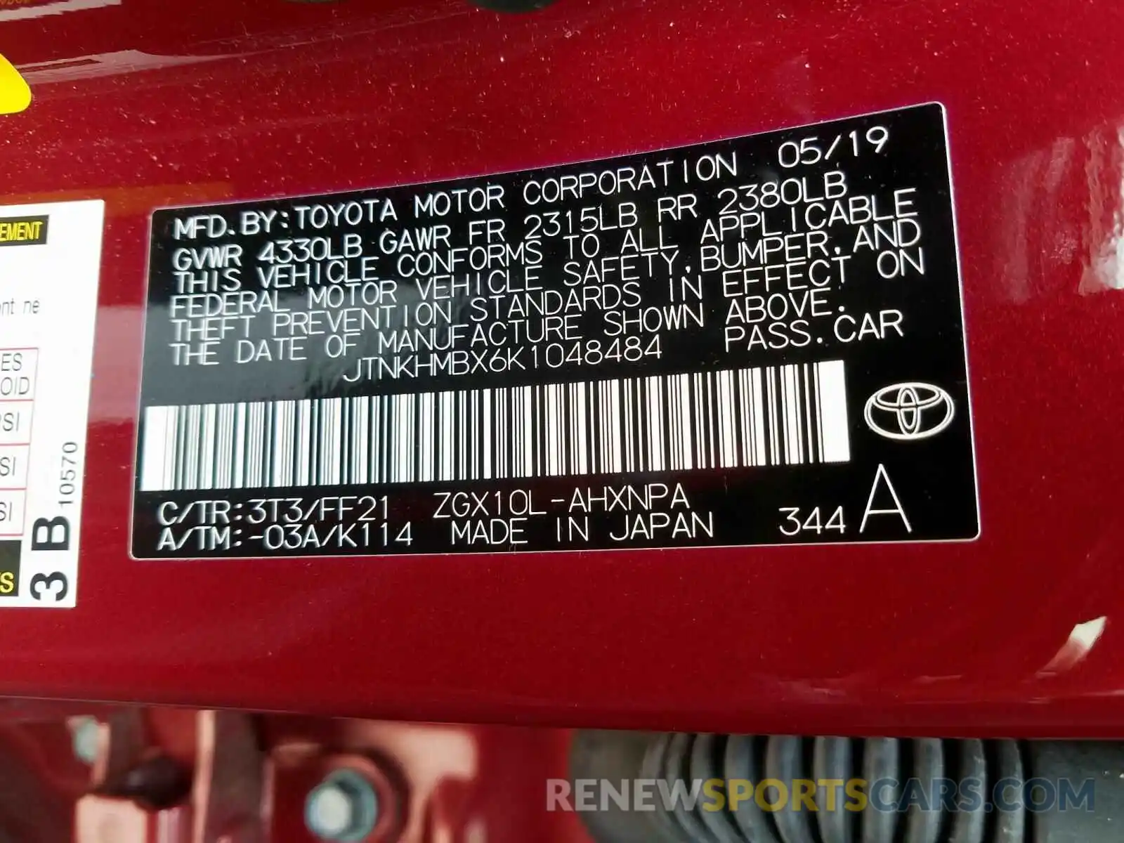 10 Photograph of a damaged car JTNKHMBX6K1048484 TOYOTA C-HR 2019