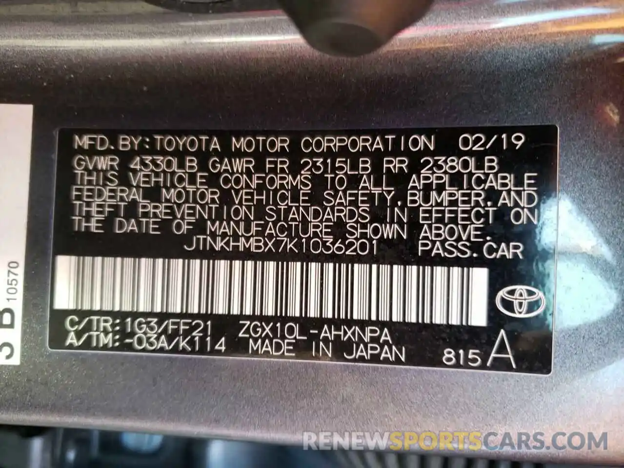 10 Photograph of a damaged car JTNKHMBX7K1036201 TOYOTA C-HR 2019