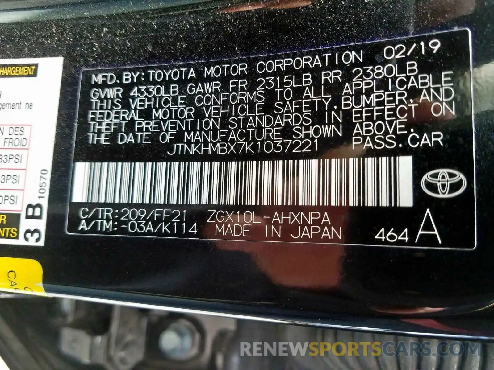 10 Photograph of a damaged car JTNKHMBX7K1037221 TOYOTA C-HR 2019