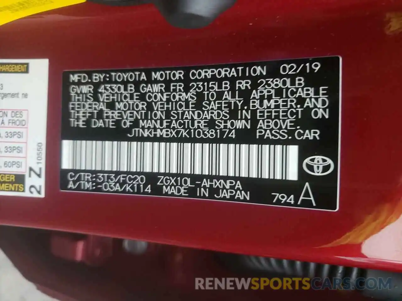 10 Photograph of a damaged car JTNKHMBX7K1038174 TOYOTA C-HR 2019