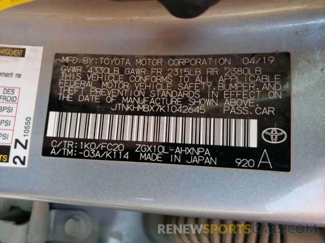 10 Photograph of a damaged car JTNKHMBX7K1042645 TOYOTA C-HR 2019