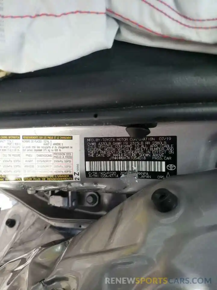 10 Photograph of a damaged car JTNKHMBX7K1054018 TOYOTA C-HR 2019