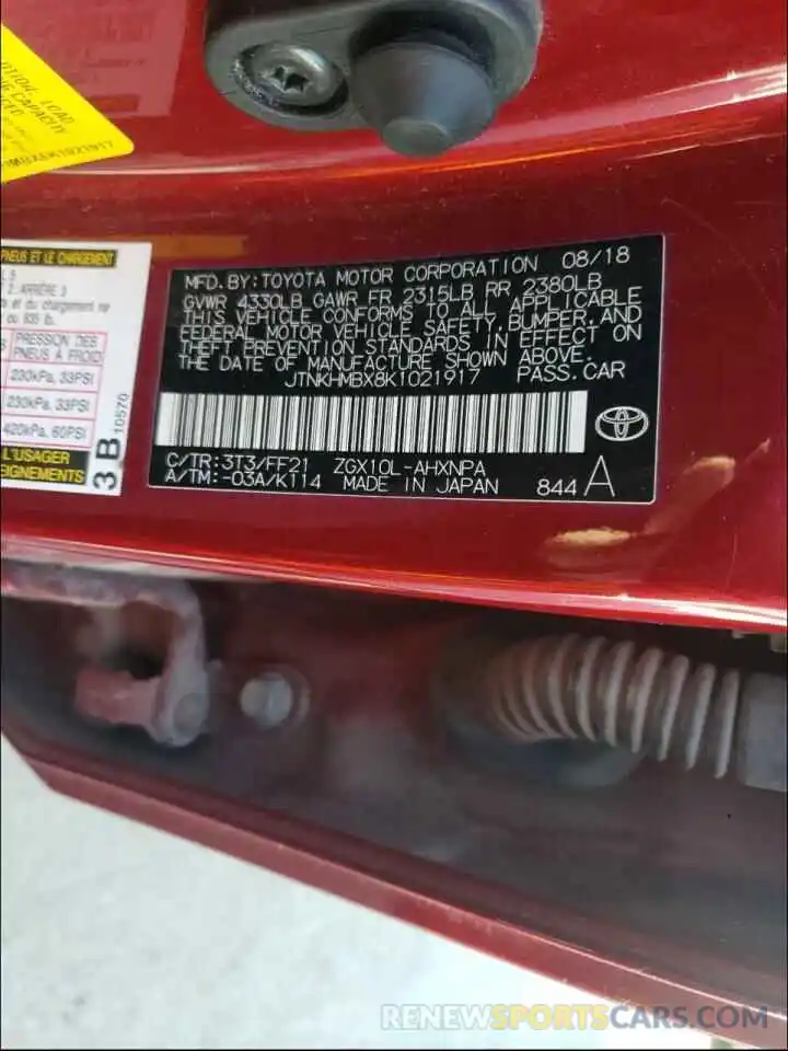 10 Photograph of a damaged car JTNKHMBX8K1021917 TOYOTA C-HR 2019