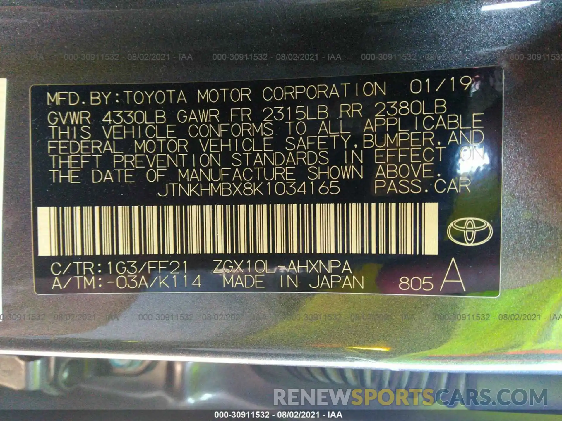 9 Фотография поврежденного автомобиля JTNKHMBX8K1034165 TOYOTA C-HR 2019