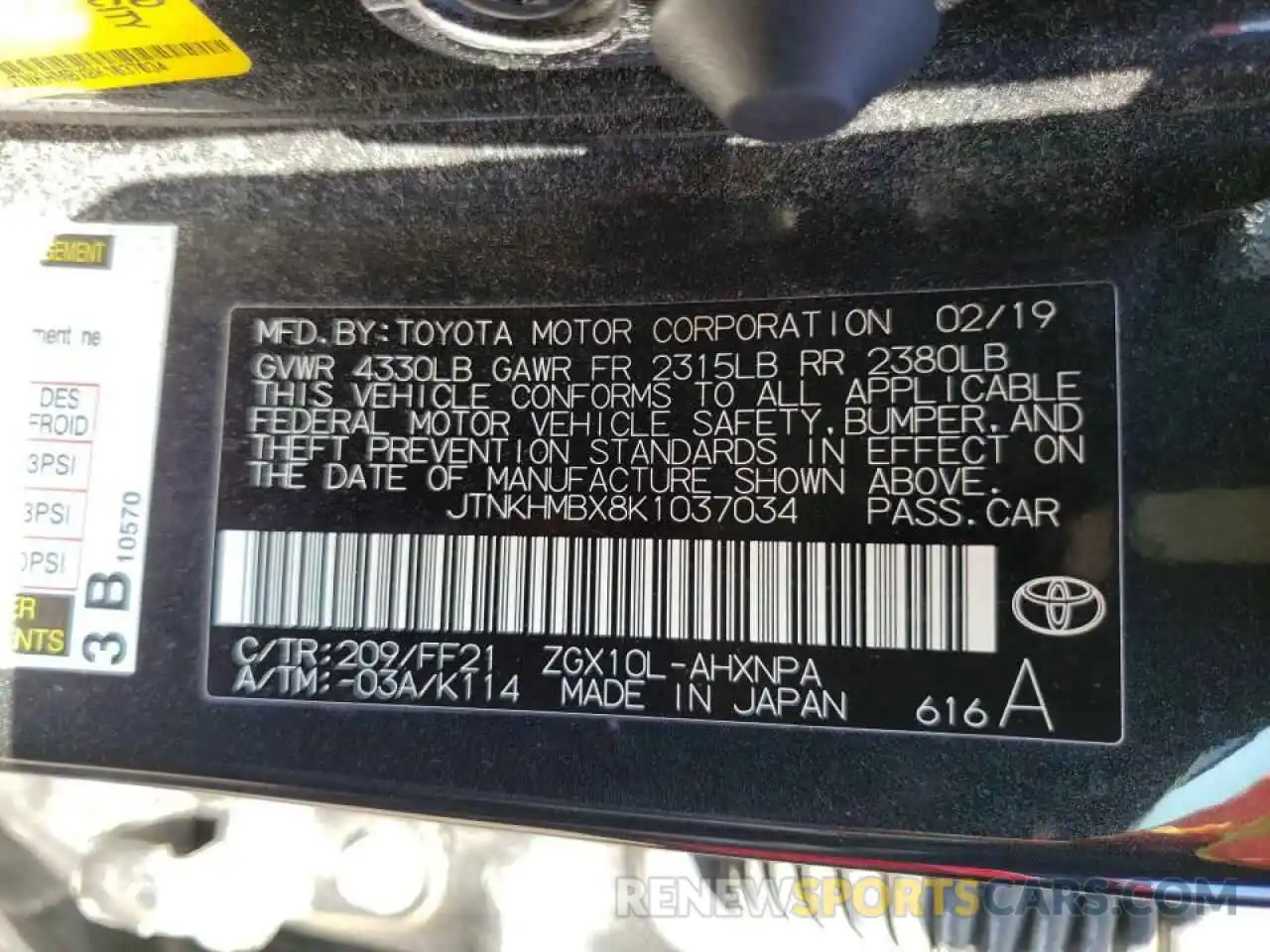 10 Photograph of a damaged car JTNKHMBX8K1037034 TOYOTA C-HR 2019