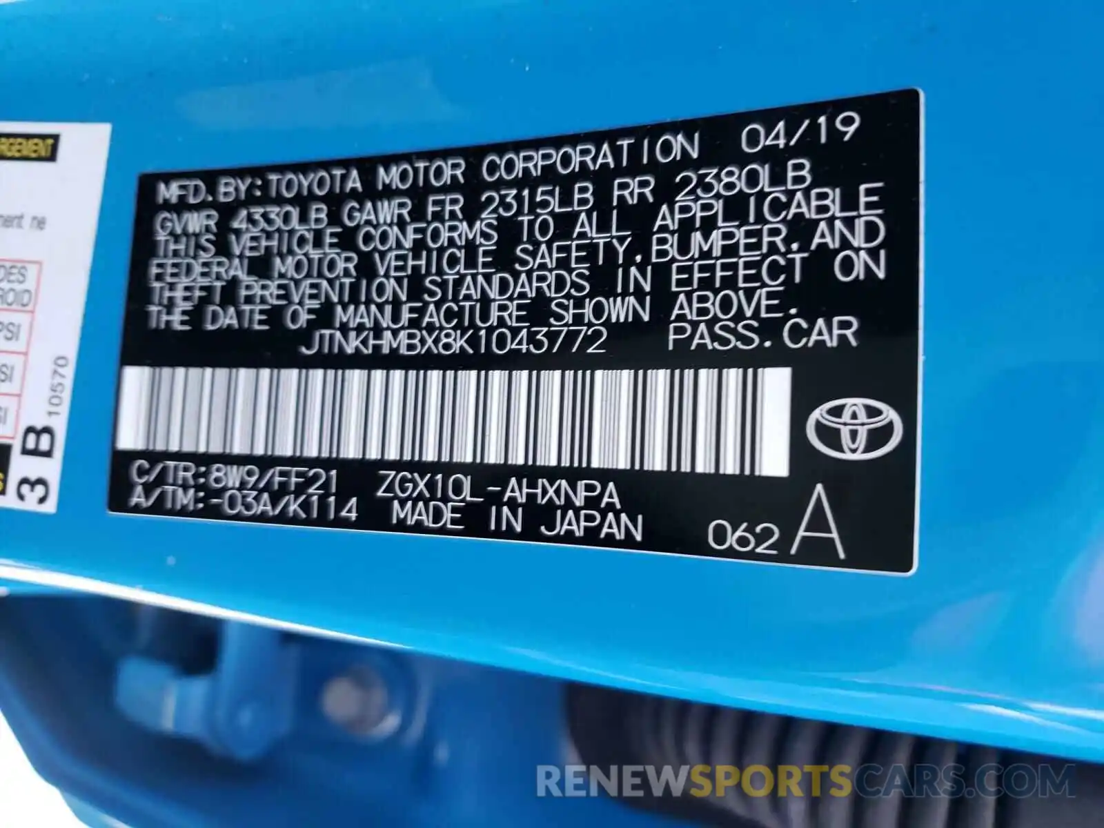 10 Фотография поврежденного автомобиля JTNKHMBX8K1043772 TOYOTA C-HR 2019