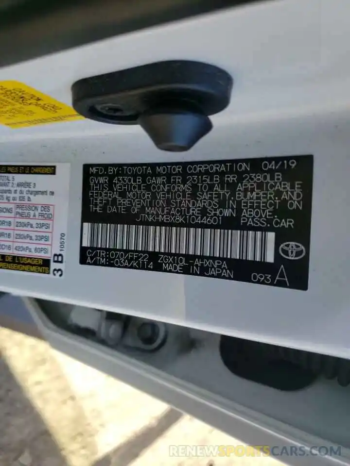 10 Photograph of a damaged car JTNKHMBX8K1044601 TOYOTA C-HR 2019