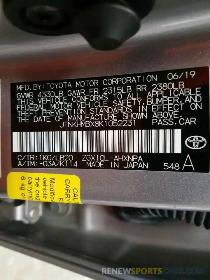 10 Photograph of a damaged car JTNKHMBX8K1052231 TOYOTA C-HR 2019