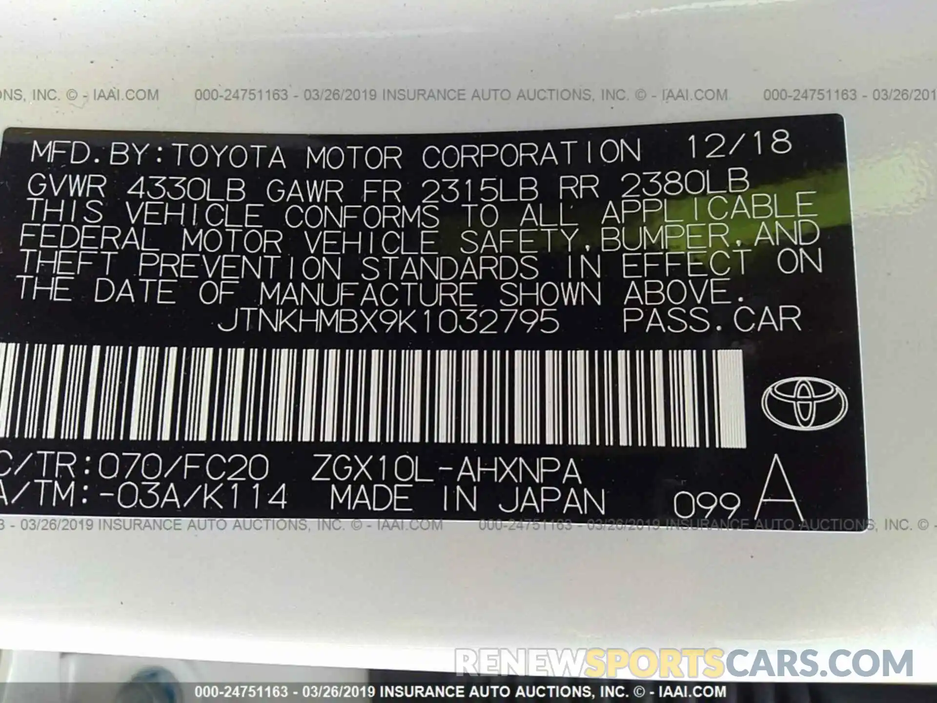 9 Photograph of a damaged car JTNKHMBX9K1032795 TOYOTA C-HR 2019