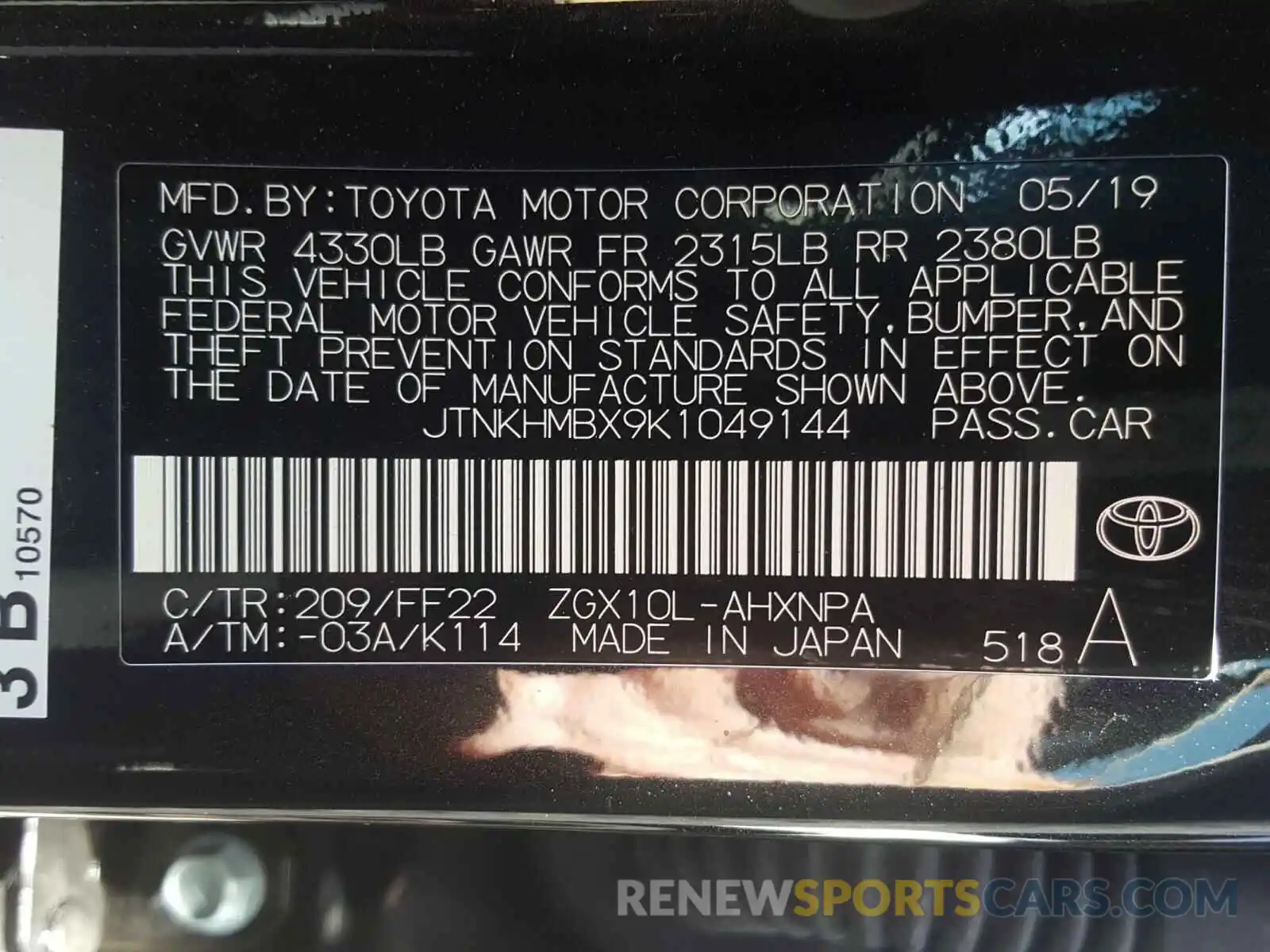 10 Фотография поврежденного автомобиля JTNKHMBX9K1049144 TOYOTA C-HR 2019