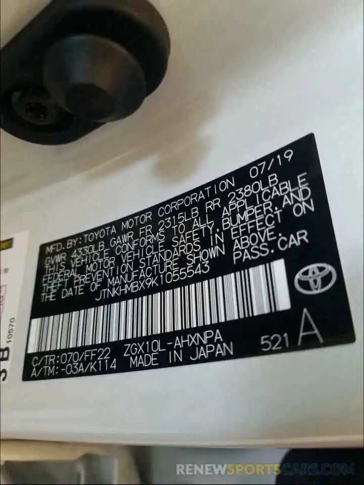 10 Photograph of a damaged car JTNKHMBX9K1055543 TOYOTA C-HR 2019