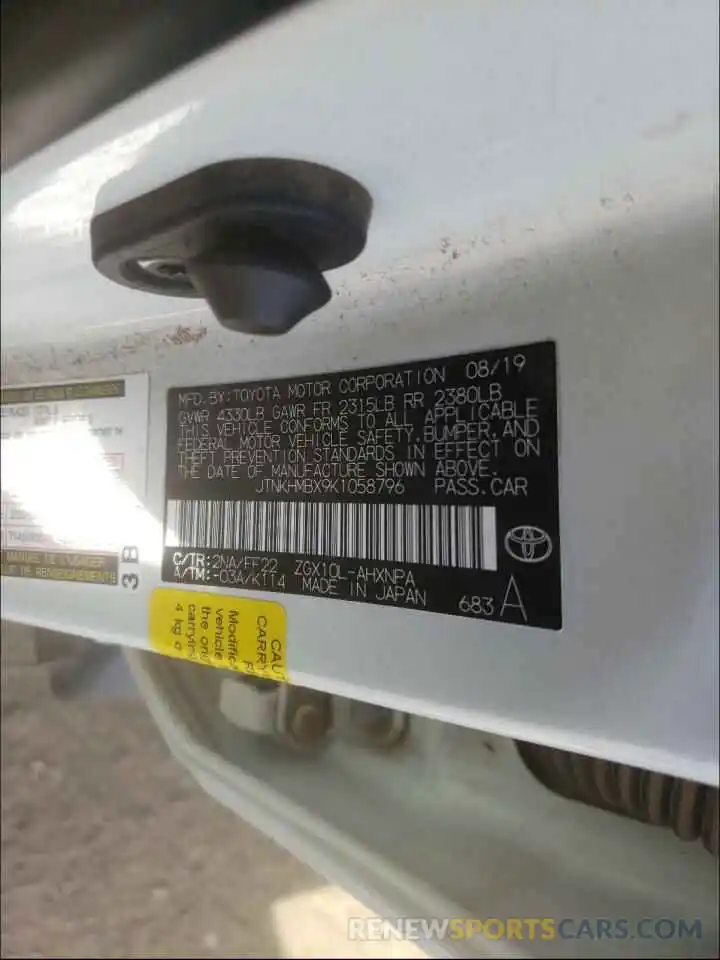 10 Photograph of a damaged car JTNKHMBX9K1058796 TOYOTA C-HR 2019