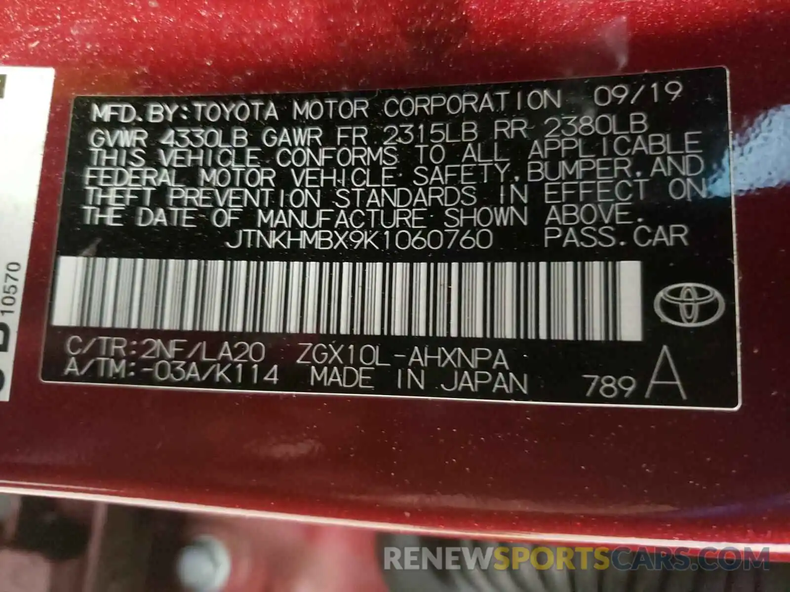 10 Photograph of a damaged car JTNKHMBX9K1060760 TOYOTA C-HR 2019