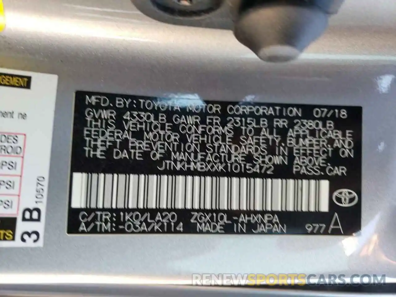 10 Photograph of a damaged car JTNKHMBXXK1015472 TOYOTA C-HR 2019