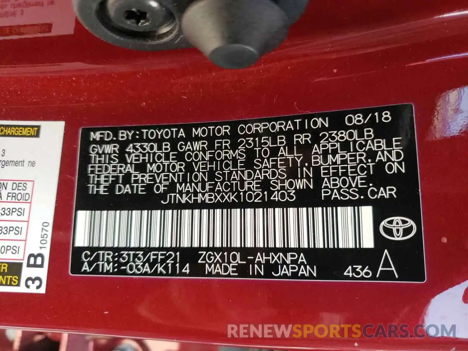 10 Photograph of a damaged car JTNKHMBXXK1021403 TOYOTA C-HR 2019