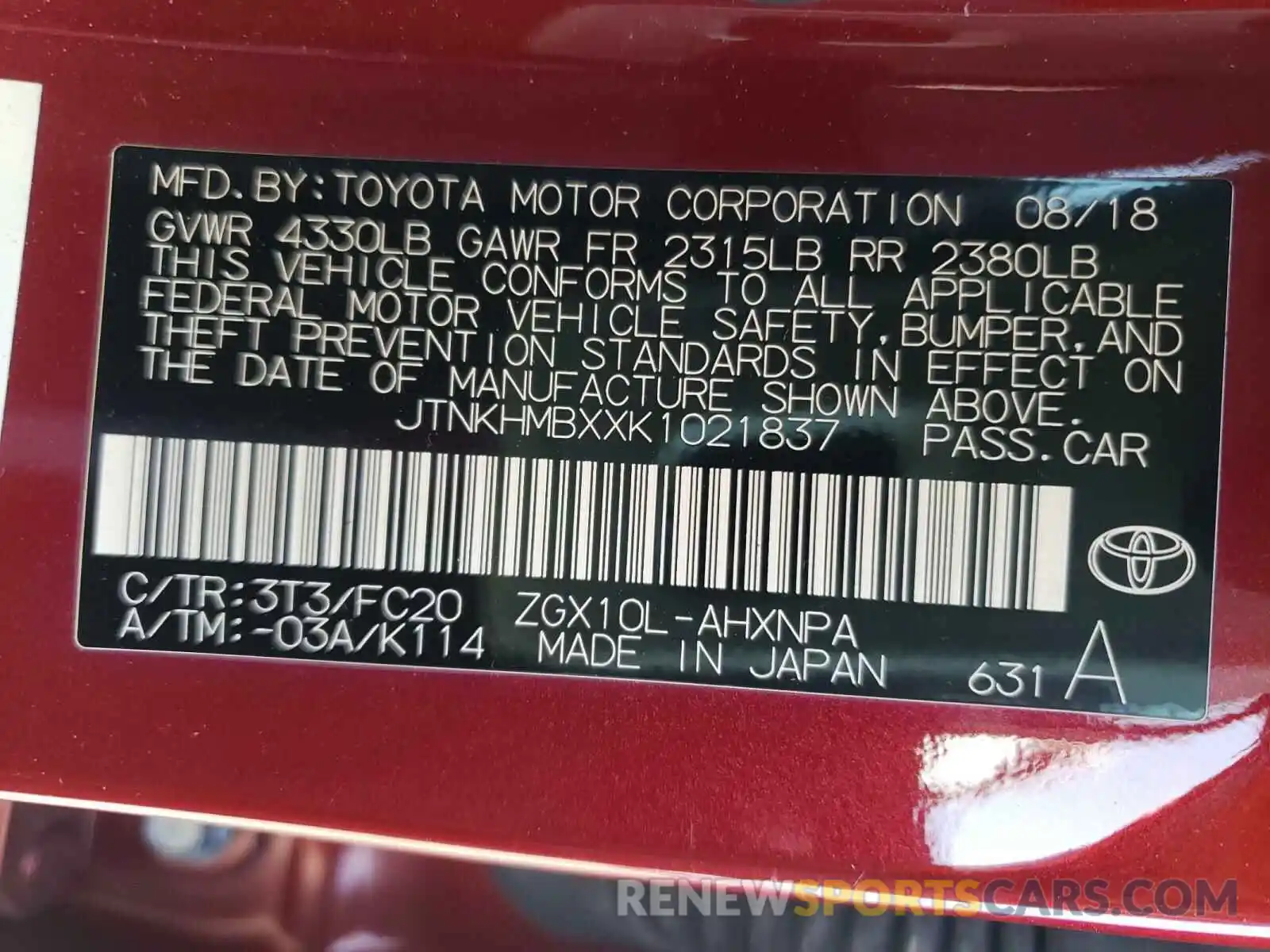 10 Photograph of a damaged car JTNKHMBXXK1021837 TOYOTA C-HR 2019