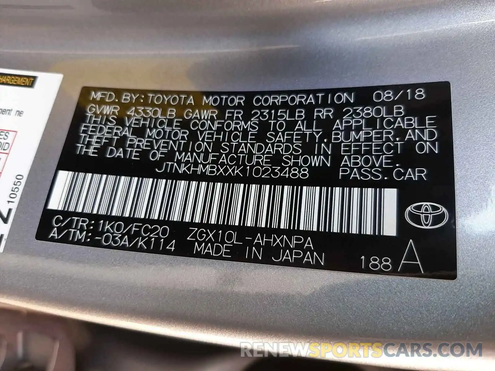 10 Photograph of a damaged car JTNKHMBXXK1023488 TOYOTA C-HR 2019