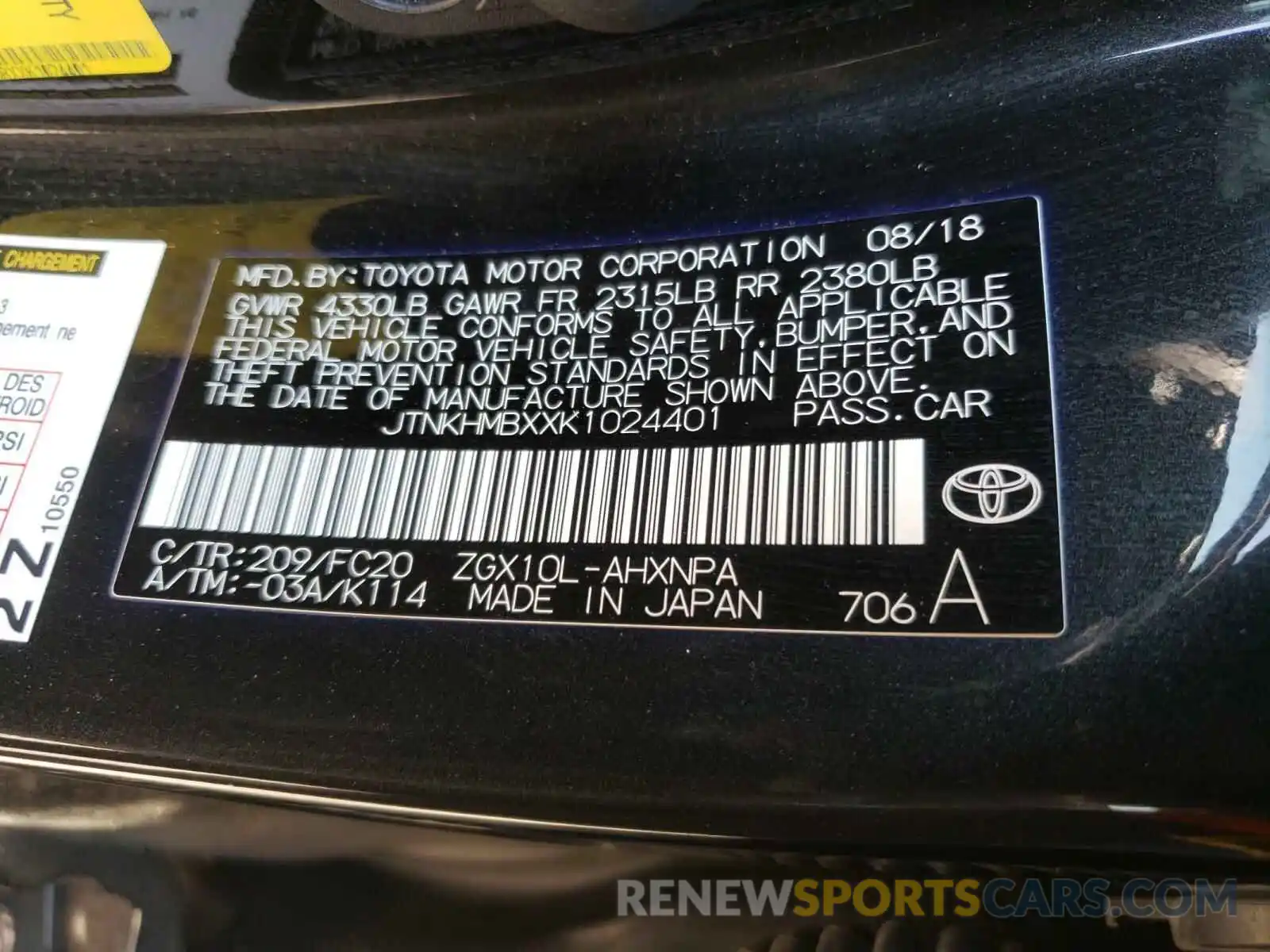 10 Photograph of a damaged car JTNKHMBXXK1024401 TOYOTA C-HR 2019