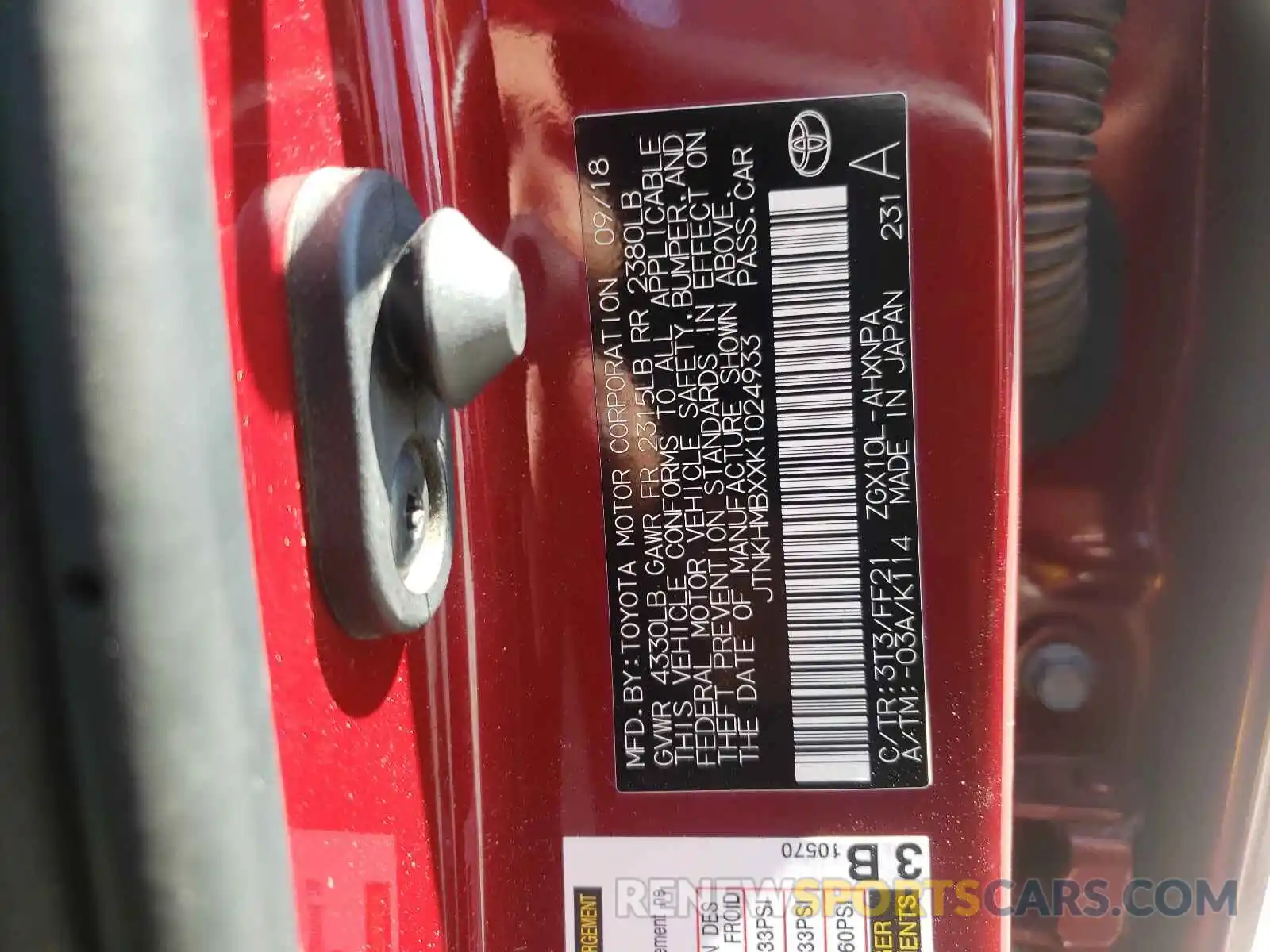 10 Photograph of a damaged car JTNKHMBXXK1024933 TOYOTA C-HR 2019