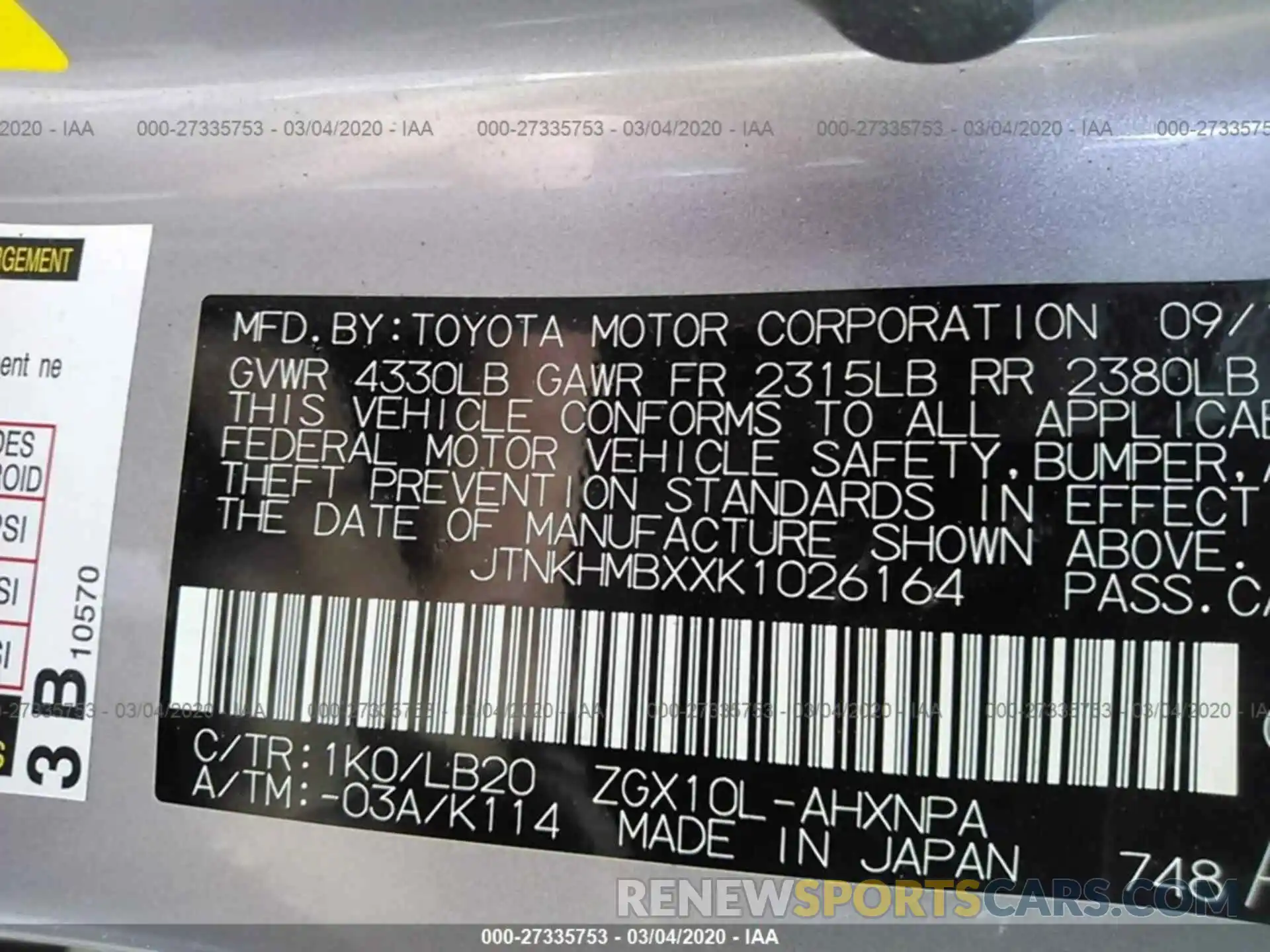 9 Photograph of a damaged car JTNKHMBXXK1026164 TOYOTA C-HR 2019