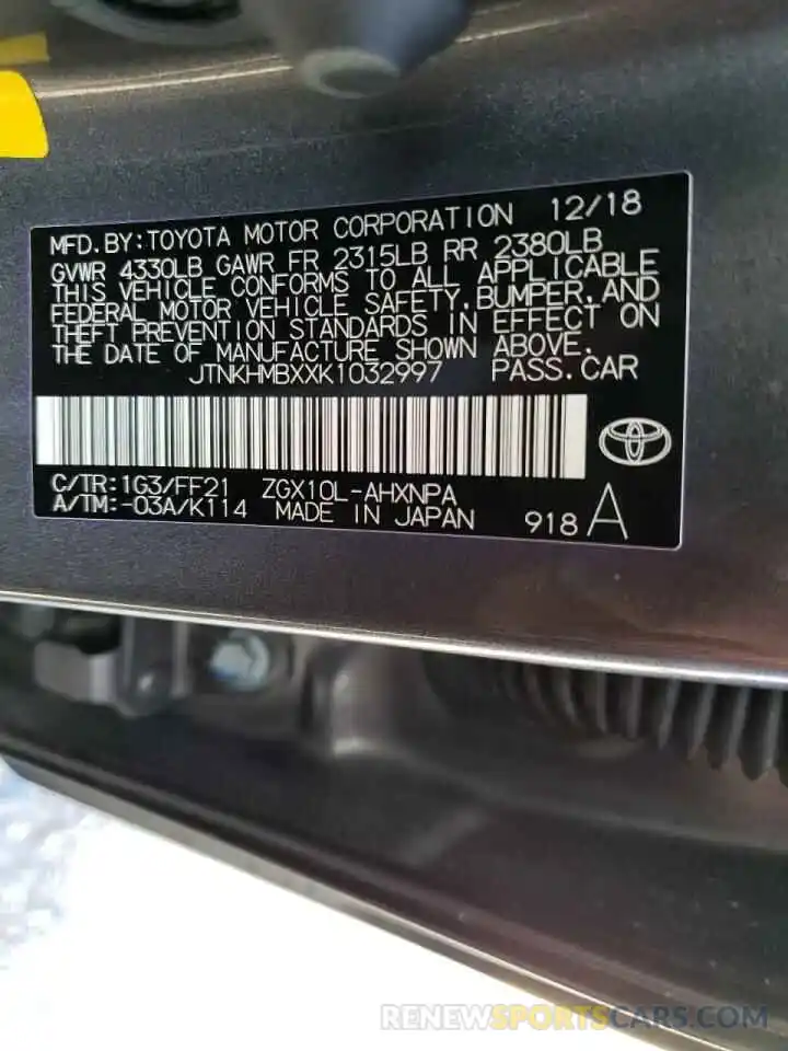 10 Photograph of a damaged car JTNKHMBXXK1032997 TOYOTA C-HR 2019