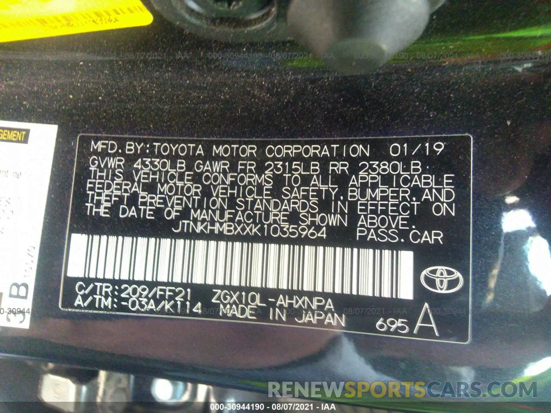 9 Photograph of a damaged car JTNKHMBXXK1035964 TOYOTA C-HR 2019